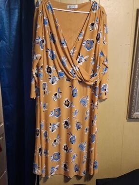 Kasper Mustard Floral Faux-Wrap Midi Dress with Blue Blooms